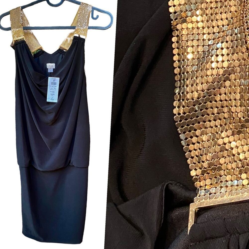 NWT Cache Black Dress with Gold Metal Straps 158.00 Size 4